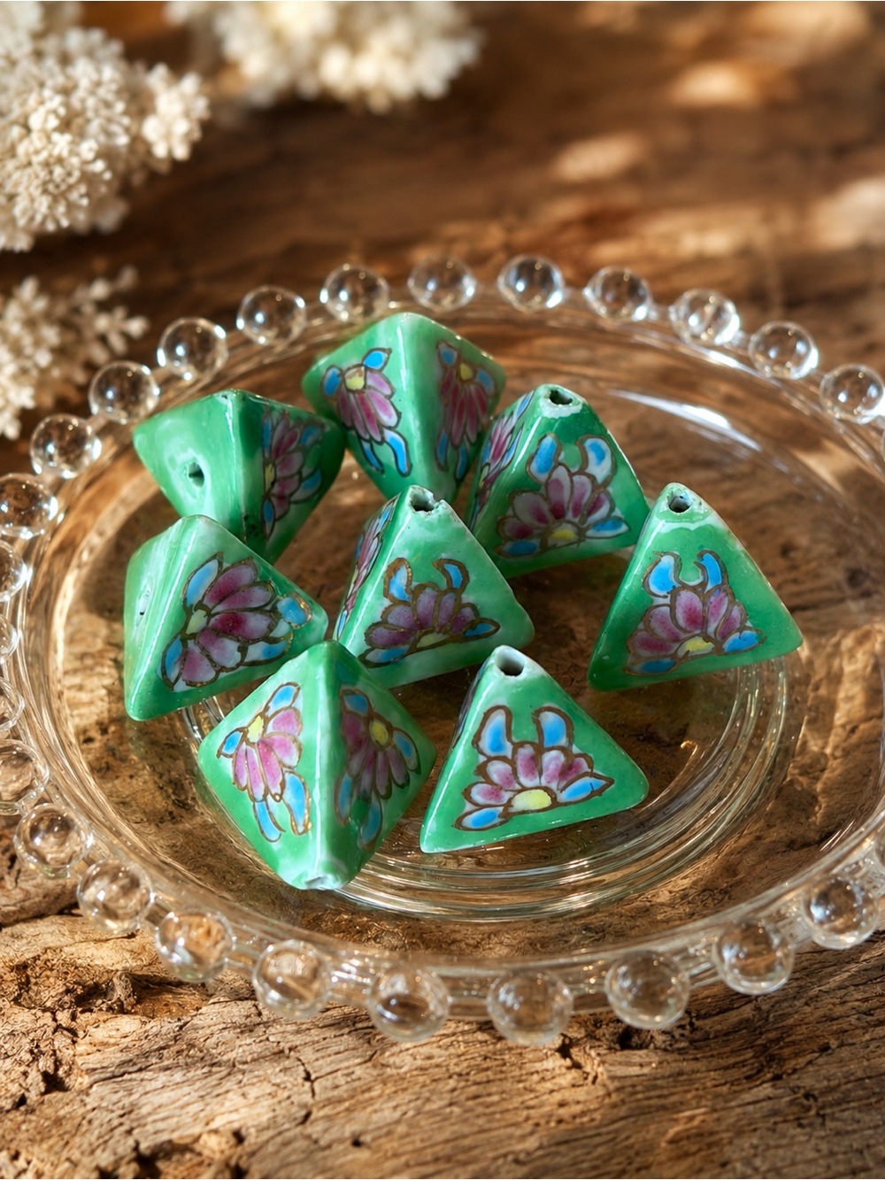8 Vtg Chinese Celadon Green Lotus Porcelain Triangle Pyramid Beads Hand Painted